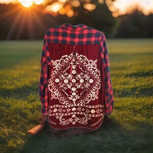Women’s Red Plaid Button Down Embroidered Velvet Back Boho Western Shirt Sz M